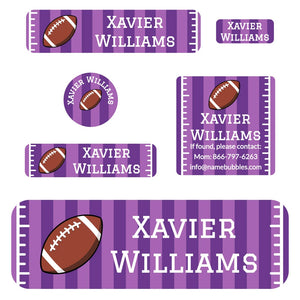 school supply name label bundle for kids in football purple