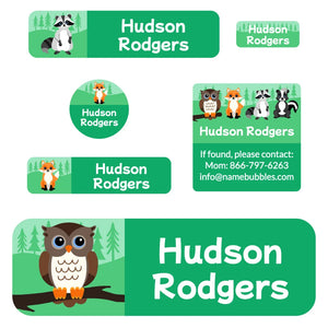 school labels pack forest animals green