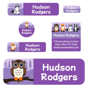 school labels pack forest animals purple