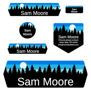 school name tag stickers for kids in forest sky blue