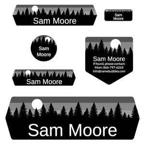 school name tag stickers for kids in forest sky gray