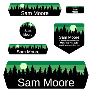 school name tag stickers for kids in forest sky green