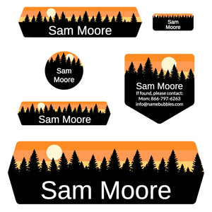 school name tag stickers for kids in forest sky orange