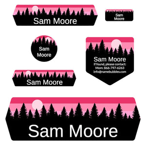 school name tag stickers for kids in forest sky pink