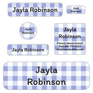 school labels pack for kids in gingham periwinkle