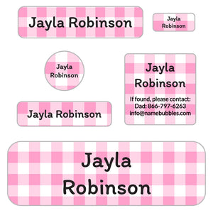 school labels pack for kids in gingham pink