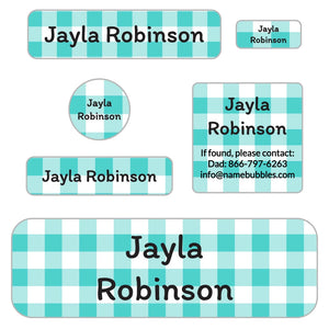 school labels pack for kids in gingham teal