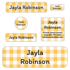 school labels pack for kids in gingham yellow