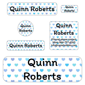 kids' school supply name labels in hearts blue