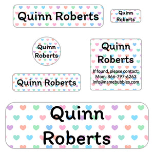 kids' school supply name labels in hearts new rainbow