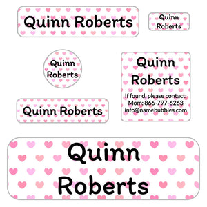 kids' school supply name labels in hearts pink