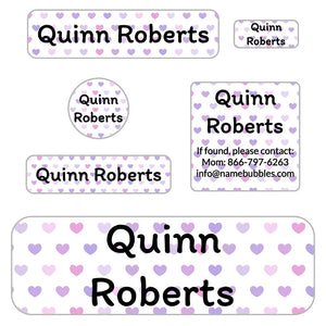 kids' school supply name labels in hearts purple