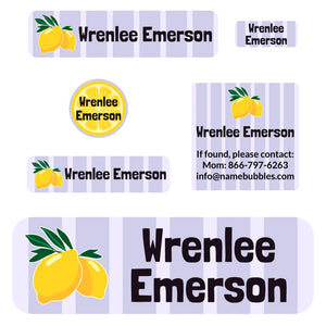 school supply name labels lemons purple