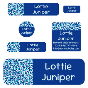 school supply name labels leopard print blue