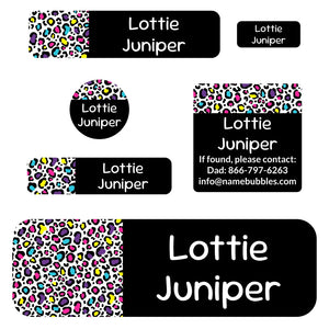 school supply name labels leopard print rainbow