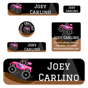 school labels pack monster truck pink