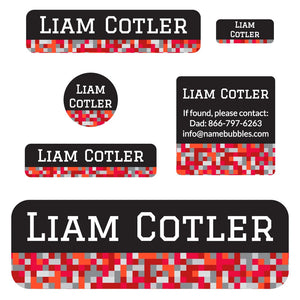 school labels pack pixels red gray