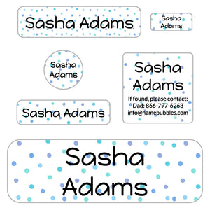 kids school supply labels in pom pom blue