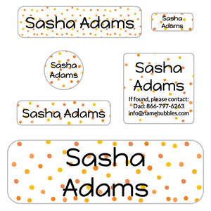 kids school supply labels in pom pom orange