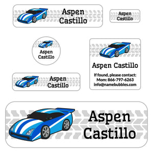 race car blue school labels pack