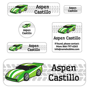 race car green school labels pack