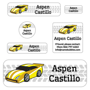 race car yellow school labels pack