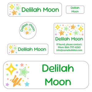 school supply labels pack stars green rainbow