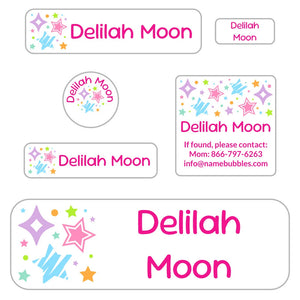 school supply labels pack stars pink rainbow