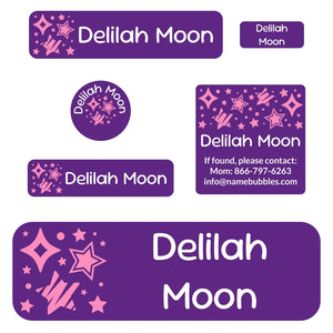school supply labels pack stars purple pink