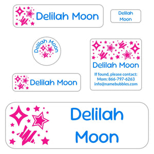 school supply labels pack stars pink blue