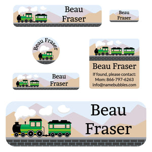 school labels pack train green