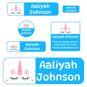 school supply name labels for kids unicorn blue