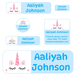 school supply name labels for kids unicorn light blue