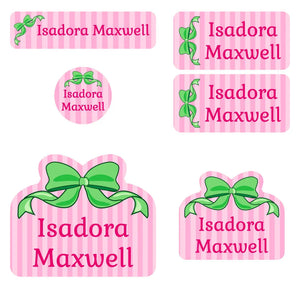 preschool labels pack bow green pink