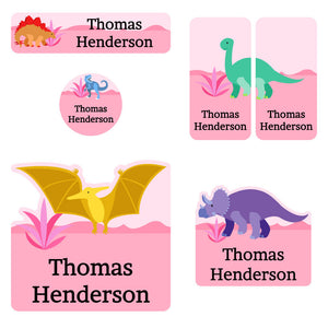 preschool labels pack dinosaurs pink