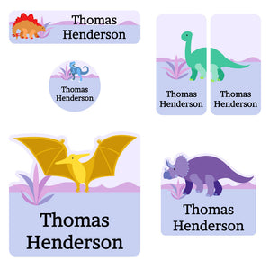 preschool labels pack dinosaurs purple