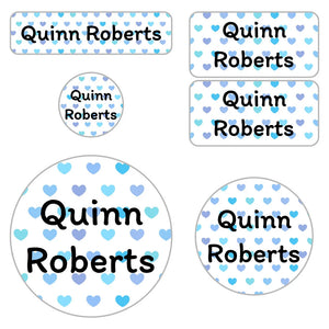 preschool name labels in hearts blue