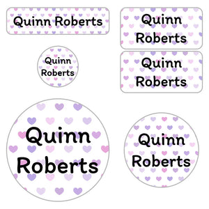 preschool name labels in hearts purple
