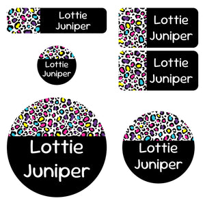 preschool name labels leopard print rainbow