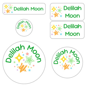 preschool labels pack stars green rainbow