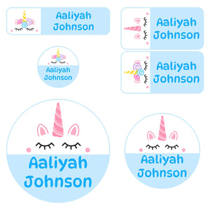 preschool name labels for kids unicorn light blue