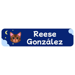 cats dark blue rectangle name labels