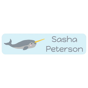 kids' rectangle dishwasher-safe labels in narwhal light blue