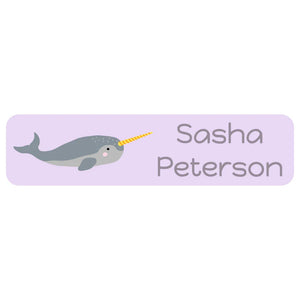 kids' rectangle dishwasher-safe labels in narwhal light purple