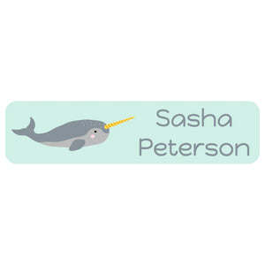 kids' rectangle dishwasher-safe labels in narwhal seafoam green