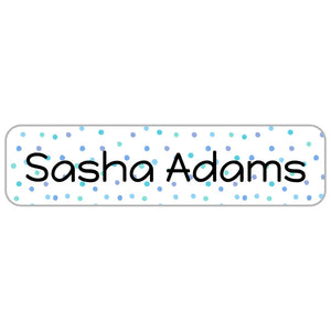 rectangle name stickers for kids in pom pom blue