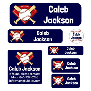 school supply name labels pack for kids baseball dark blue