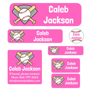 school supply name labels pack for kids baseball pink