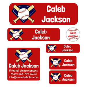 school supply name labels pack for kids baseball red