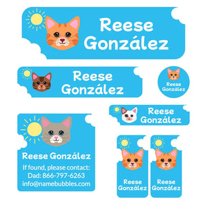 cats blue school labels pack
